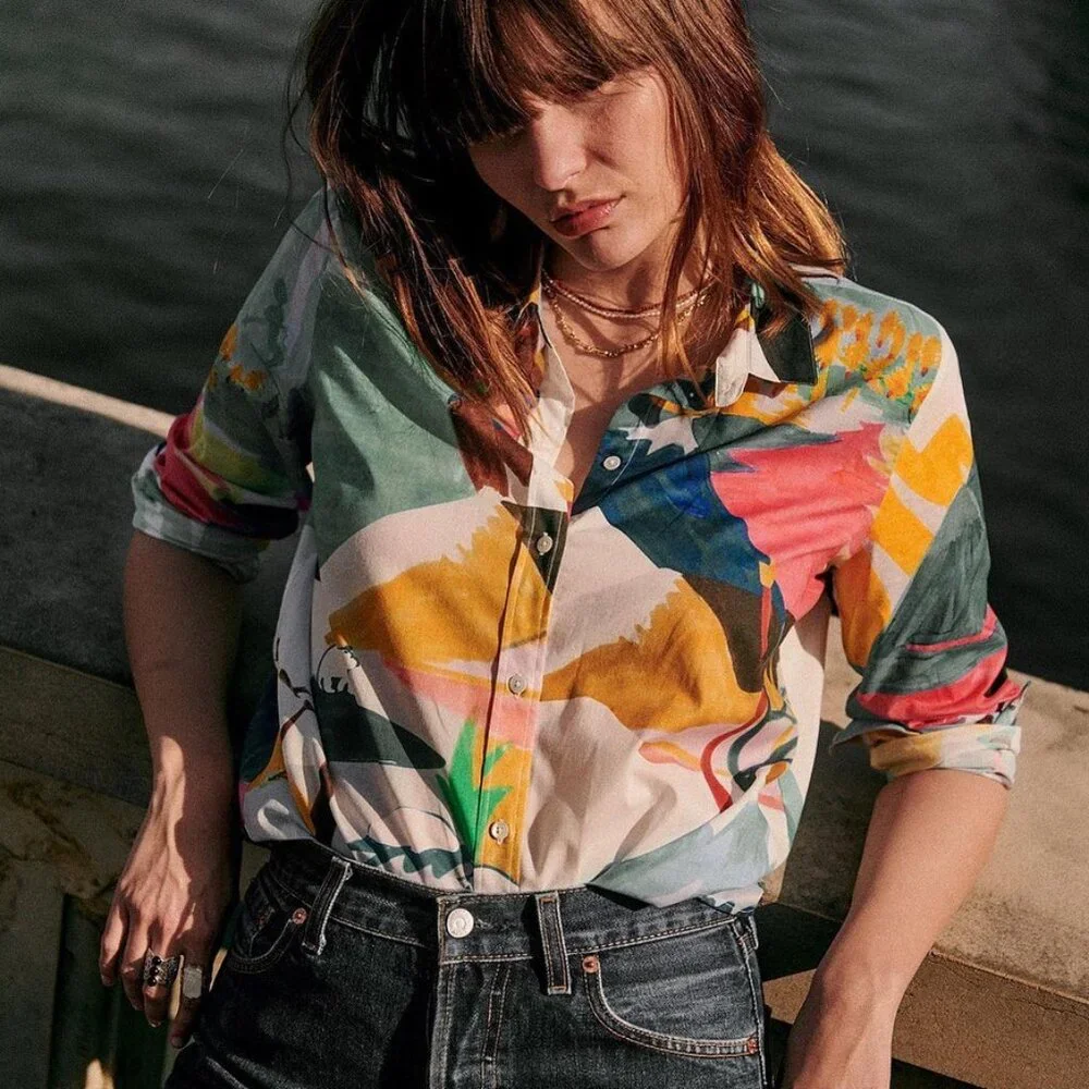 Sezane x G Kero Pierro Multicolor Print Silk Shirt, Size 36 - Picture 2 of 5